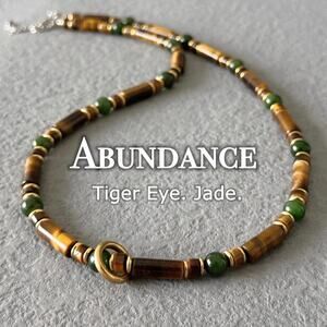 Mens Abundance Crystal Necklace Tigers Eye & Jade Stones Brass Ring